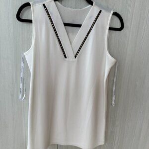 Calvin Klein White V-Neck Blouse with Stud Detail – XS (Never Worn)
